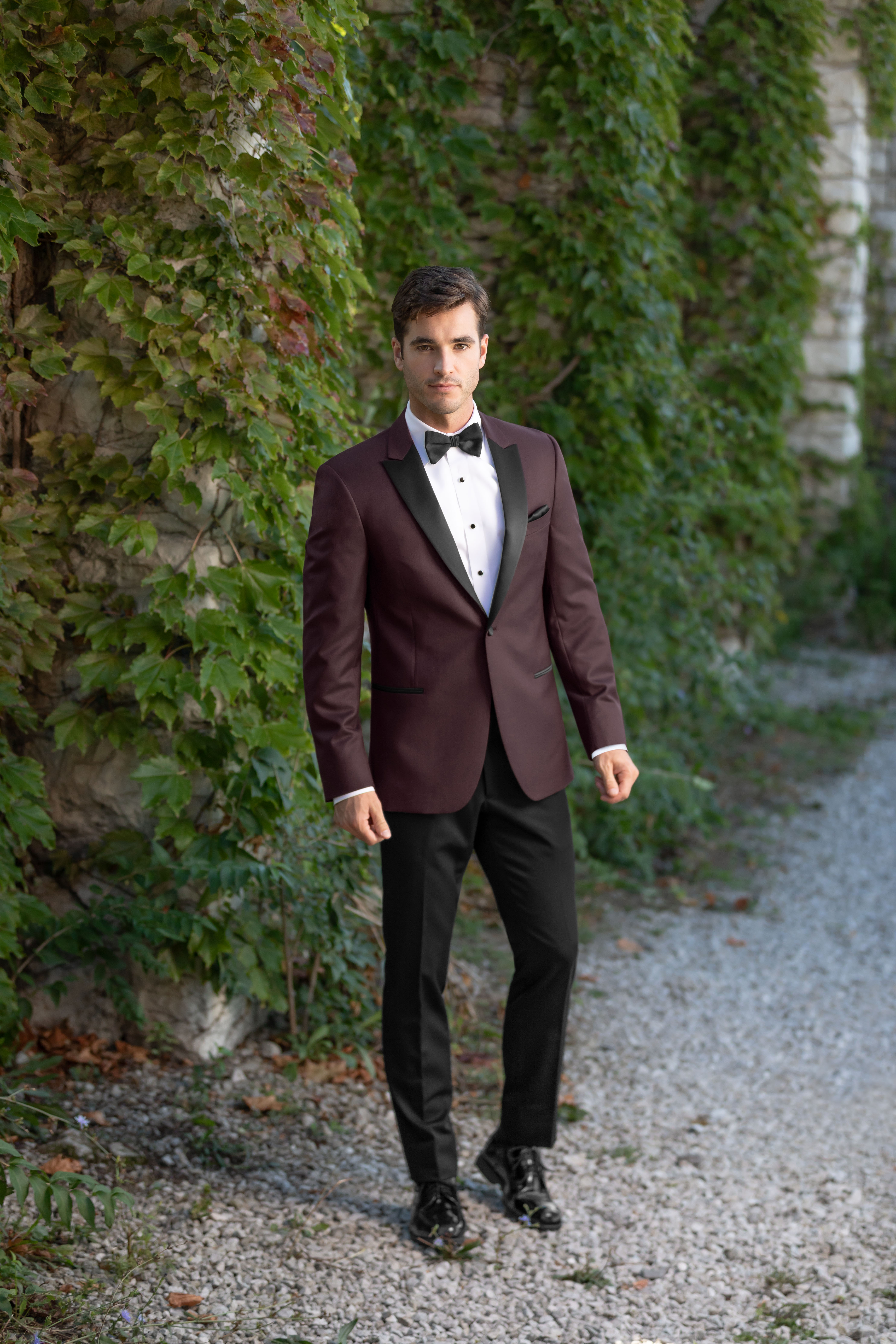 Man in burgundy tuxedo